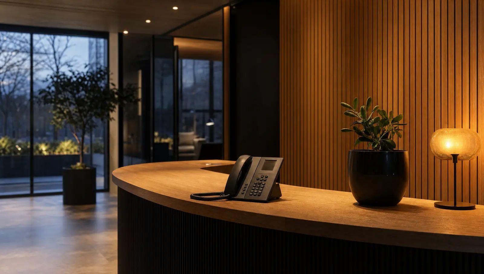 Lege receptiebalie met telefoon in een kantoorlobby bij avondlicht, symbool voor de AI-receptionist van Tessar